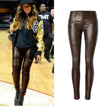 Load image into Gallery viewer, Women&#39;s Brown Coated Jeans Skinny Stretch Low Waist Pants Motorcycle Biker Jeans Multi Zipper Punk Faux PU Leather Pencil Pants
