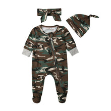 Load image into Gallery viewer, Newborn Baby Girls Boys Camouflage Military Deisgn Romper Infant Cute Zipper Casual Jumpsuit Hairband Hat Set Clothes For Girls And Boys
