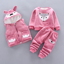 Load image into Gallery viewer, Baby Clothes Winter Thick And Warm Three-piece Cartoon Bear And Fox Printed Sweater Hooded Baby Girl Clothing Set Sweater and Pants
