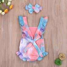 Load image into Gallery viewer, Luxury Modern New Printed Colorful Toddler Girls Rompers With Headband Ruffles Short Sleeve Printed Backless Jumpsuits
