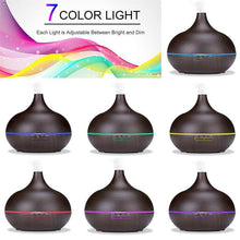 Load image into Gallery viewer, 550ml Aromatherapy Essential Oil Diffuser Wood Grain Remote Control Ultrasonic Air Humidifier Cool Mister with 7 Color LED Light Baby Bedroom, Waterless Auto Shut-Off, 7 Colors Lights Changing

