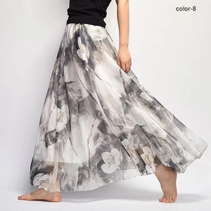 New Fashion 2023 Women's BOHO Elegant Florals Print Chiffon Long Skirt Ladies Slim High-Waist Elastic Waist Pleated Skirts SK15