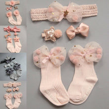 Load image into Gallery viewer, 4PCS/SET Newborn Baby Girl Socks Ankle Princess Anti Slip Socks+Headband+Hair Pin For Baby
