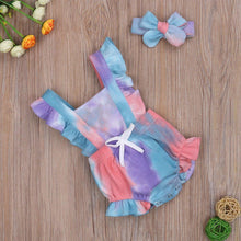 Load image into Gallery viewer, Luxury Modern New Printed Colorful Toddler Girls Rompers With Headband Ruffles Short Sleeve Printed Backless Jumpsuits
