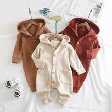 Load image into Gallery viewer, Newborn Clothing Solid Long Sleeve Hooded Button Pockets Romper Winter Warm Jumpsuit for Girls and Boys
