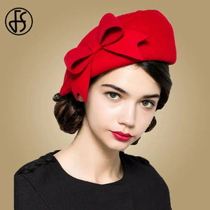 FS Elegant Beret Women's Wool Felt Fascinators Fedora Red Church Hats White Black Wedding Ladies Hat Bow Caps Pillbox Hat Korean
