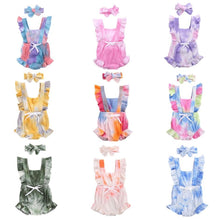 Load image into Gallery viewer, Luxury Modern New Printed Colorful Toddler Girls Rompers With Headband Ruffles Short Sleeve Printed Backless Jumpsuits
