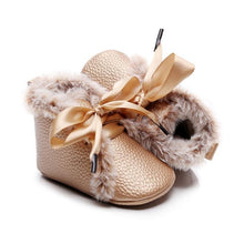 Load image into Gallery viewer, Baby PU Boots Winter Anti-slip Warm First Walkers Soft Soled Booties Toddler Bowknot Lace-up Shoes
