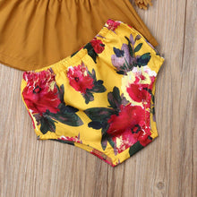 Load image into Gallery viewer, Elegant Luxury Floral Newborn Baby Girl Toddler Outfits Off shoulder Solid Tops Floral Short Pant Headband Bow Set For Baby Girls
