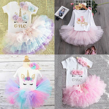 Load image into Gallery viewer, Luxury Modern Baby Girl First 1st Birthday Party Dress Cute Pink Tutu Cake Outfits For Birthday Party with Big Bow And Unicorn Design
