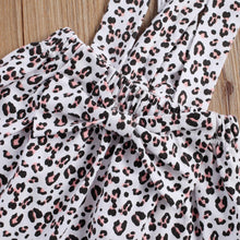Load image into Gallery viewer, Baby Girl Dress Set Round Neck Long Sleeve Letter Printed Romper Leopard Bow Short Suspender Skirt Headband
