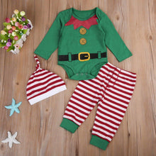 Load image into Gallery viewer, Modern Luxury Christmas Print Long Sleeve Striped Plaid Romper Pants Hat 3pcs For Baby Boys Girls
