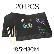 Load image into Gallery viewer, Magic Rainbow Color Scratch Art Paper Card Set With Graffiti Stencil Drawing Board Stick Art Painting Educational Toys
