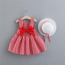 Load image into Gallery viewer, Print Plaid Bow Summer Princess Party Dress Infant Newborn Baby Dress+Hat 2pcs Kids Clothing Set
