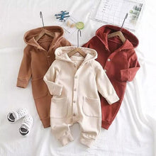 Load image into Gallery viewer, Newborn Clothing Solid Long Sleeve Hooded Button Pockets Romper Winter Warm Jumpsuit for Girls and Boys
