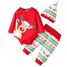 Load image into Gallery viewer, Christmas Romper Bodysuit Pants Hat Set for Newborn Baby Girls/Boys In New Year Holiday Design For Boys and Girls
