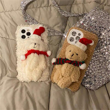 Load image into Gallery viewer, Cute Fluffy Santa 3D Teddy Bear Plush Christmas Case For Iphone 13 12 11 Pro Xs Max X Xr 7 8 Plus Se3 Shockproof Soft Cover  Super Soft Winter Warm Funny Rabbit Ears Faux Fur Plush Fluffy Cover
