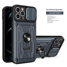 Load image into Gallery viewer, Heavy Duty Armor Case Card Pocket for iPhone 11 Pro 7 8 Plus Magnetic Phone Holder Cover Slide Lens Protection Design Card Holder Slot With Rotating Ring Armor Bumper Shockproof Case
