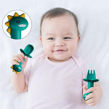 Load image into Gallery viewer, New Baby Feeding Spoon Fork Set Short Easy  Cartoon Dinosaur Soft Silicone  Teether Toys Non-hurt Training Tableware
