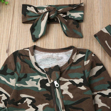 Load image into Gallery viewer, Newborn Baby Girls Boys Camouflage Military Deisgn Romper Infant Cute Zipper Casual Jumpsuit Hairband Hat Set Clothes For Girls And Boys
