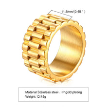 Load image into Gallery viewer, Vnox 11mm Watch Band Shaped Ring for Men, Gold Color Stainless Steel Punk Finger Band, Rock Gothic Hiphop Boy Jewelry
