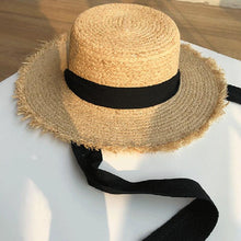 Load image into Gallery viewer, Vintage Straw Hat Women Wide Sun Protection Beach Hat Black And White Ribbon Bowknot Cute Design Straw Cap Women Elegant Summer Hat Beach Fedoras Casual Ladies Flat Top Hat
