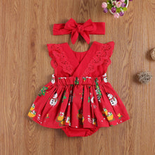Load image into Gallery viewer, Baby Girls  Bodysuits Dress Lace Ruffles Short Sleeve Cartoon Print Jumpsuits Headband
