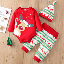 Load image into Gallery viewer, Christmas Romper Bodysuit Pants Hat Set for Newborn Baby Girls/Boys In New Year Holiday Design For Boys and Girls
