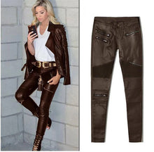 Load image into Gallery viewer, Women&#39;s Brown Coated Jeans Skinny Stretch Low Waist Pants Motorcycle Biker Jeans Multi Zipper Punk Faux PU Leather Pencil Pants
