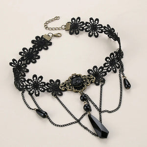 1PCNice Women's Style Black Fabric Rose Flower Beads Pendant Choker Lace Necklace Gothic Jewelry False Collar Statement Necklace