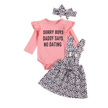 Load image into Gallery viewer, Baby Girl Dress Set Round Neck Long Sleeve Letter Printed Romper Leopard Bow Short Suspender Skirt Headband
