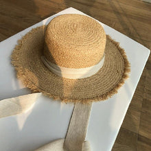 Load image into Gallery viewer, Vintage Straw Hat Women Wide Sun Protection Beach Hat Black And White Ribbon Bowknot Cute Design Straw Cap Women Elegant Summer Hat Beach Fedoras Casual Ladies Flat Top Hat
