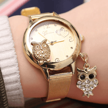 Load image into Gallery viewer, STEVVEX Gold  Watch Brand Quartz Women Rose Gold Stainless Steel Mesh Belt Ladies Wristwatch Female Clock Owl (Gold) For Women and Girls
