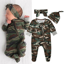 Load image into Gallery viewer, Newborn Baby Girls Boys Camouflage Military Deisgn Romper Infant Cute Zipper Casual Jumpsuit Hairband Hat Set Clothes For Girls And Boys
