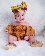 Load image into Gallery viewer, Elegant Luxury Floral Newborn Baby Girl Toddler Outfits Off shoulder Solid Tops Floral Short Pant Headband Bow Set For Baby Girls
