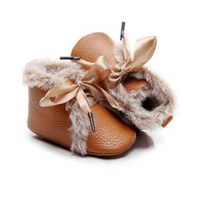 Load image into Gallery viewer, Baby PU Boots Winter Anti-slip Warm First Walkers Soft Soled Booties Toddler Bowknot Lace-up Shoes
