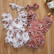 Load image into Gallery viewer, Baby Summer Clothing Infant Newborn Baby Girl Floral Romper Sleeveless Ruffled Jumpsuits With Headband
