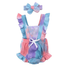 Load image into Gallery viewer, Luxury Modern New Printed Colorful Toddler Girls Rompers With Headband Ruffles Short Sleeve Printed Backless Jumpsuits
