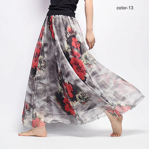 New Fashion 2023 Women's BOHO Elegant Florals Print Chiffon Long Skirt Ladies Slim High-Waist Elastic Waist Pleated Skirts SK15