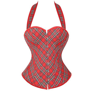 Sexy Women's Red Plaid Overbust Straps Corset Waist Cincher Outwear Halter Bustier with G-string Plus Size S-6XL