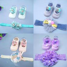 Load image into Gallery viewer, Baby Newborn Solid Color Lace Baby Bowknot Socks &amp; Princess Cute Baby Socks Hair Band Set FOr Girls Baby In Modern Design
