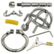 Load image into Gallery viewer, Happygo Stainless Steel Chastity Device with Urethral Catheter and Anti-Shedding Ring,Cock Cage,Penis Ring,S055-2
