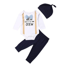 Load image into Gallery viewer, Modern Formal Baby Boys Gentlemen Sets Bow Tie Romper +Long Pants+ Hat Autumn Outfits For Boys Kids
