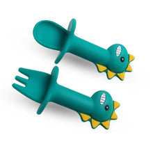 Load image into Gallery viewer, New Baby Feeding Spoon Fork Set Short Easy  Cartoon Dinosaur Soft Silicone  Teether Toys Non-hurt Training Tableware
