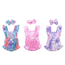 Load image into Gallery viewer, Luxury Modern New Printed Colorful Toddler Girls Rompers With Headband Ruffles Short Sleeve Printed Backless Jumpsuits
