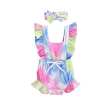 Load image into Gallery viewer, Luxury Modern New Printed Colorful Toddler Girls Rompers With Headband Ruffles Short Sleeve Printed Backless Jumpsuits
