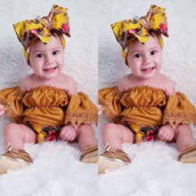Load image into Gallery viewer, Elegant Luxury Floral Newborn Baby Girl Toddler Outfits Off shoulder Solid Tops Floral Short Pant Headband Bow Set For Baby Girls
