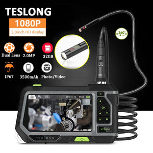 TESLONG NTS500 5.0" LCD Screen 5.5mm Dual Lens Endoscope Camera HD 1080P Digital Videoscope Pipe Car Inspection Borescope 32GB