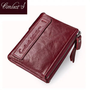 Fashion Genuine Leather Women Wallet Bi-fold Wallets Red ID Card Holder Coin Purse With Double Zipper Small Women's Purse 2022