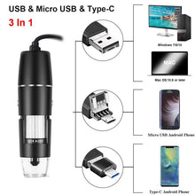 Load image into Gallery viewer, 1600X 3 in 1 USB Digital Microscope Type-C Electronic Microscope Camera Zoom Magnifier Endoscope 8 LEDs for mobile phone repair
